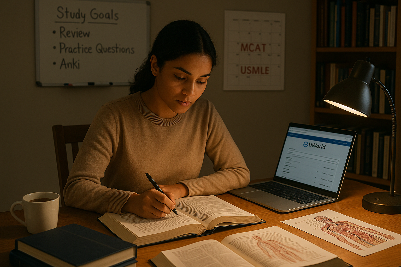 Woman studying for MCAT and USMLE at night with open books, laptop showing UWorld, anatomical diagrams, and a study plan on the wall.