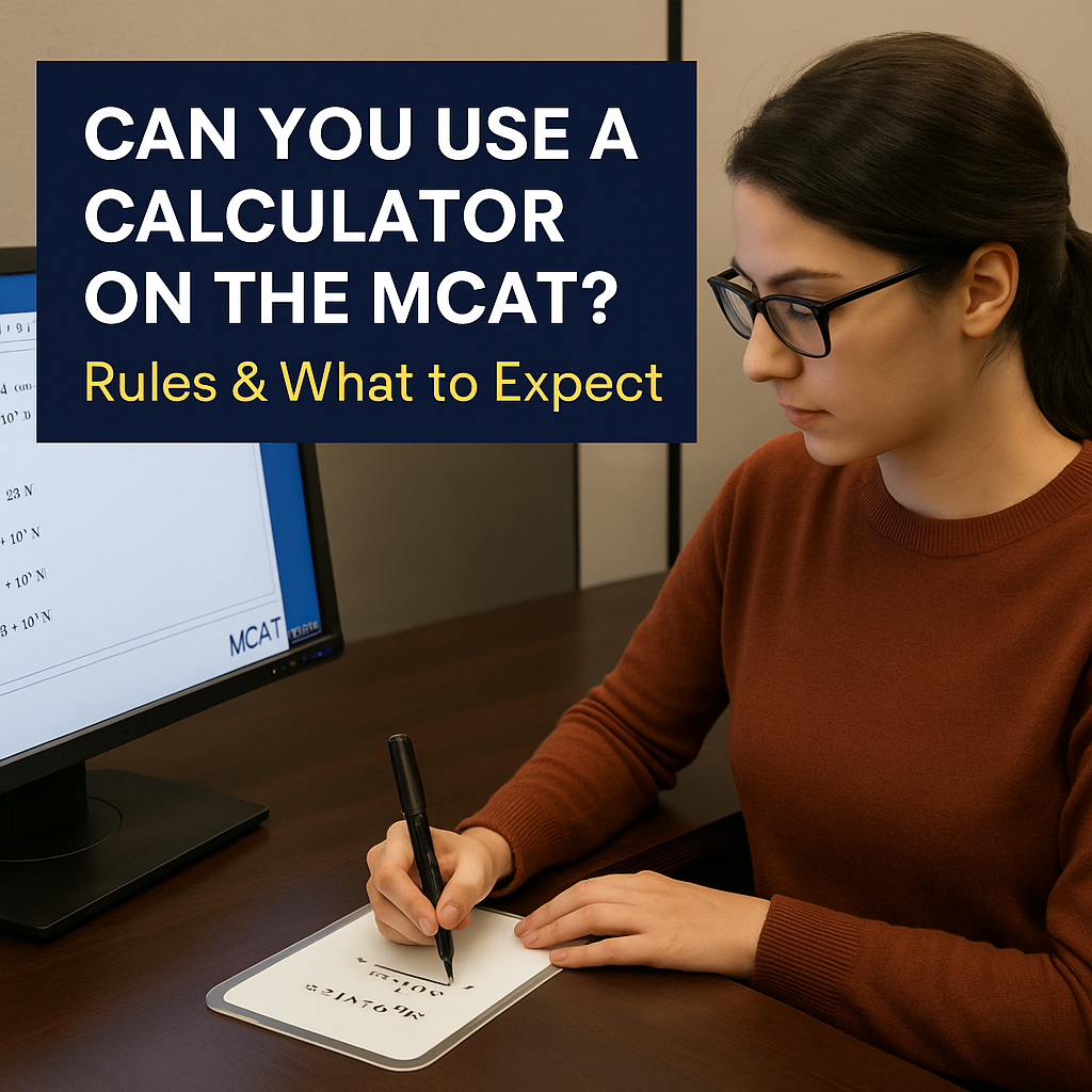 Student solving MCAT math without calculator using noteboard, highlighting MCAT calculator policy and test day rules.