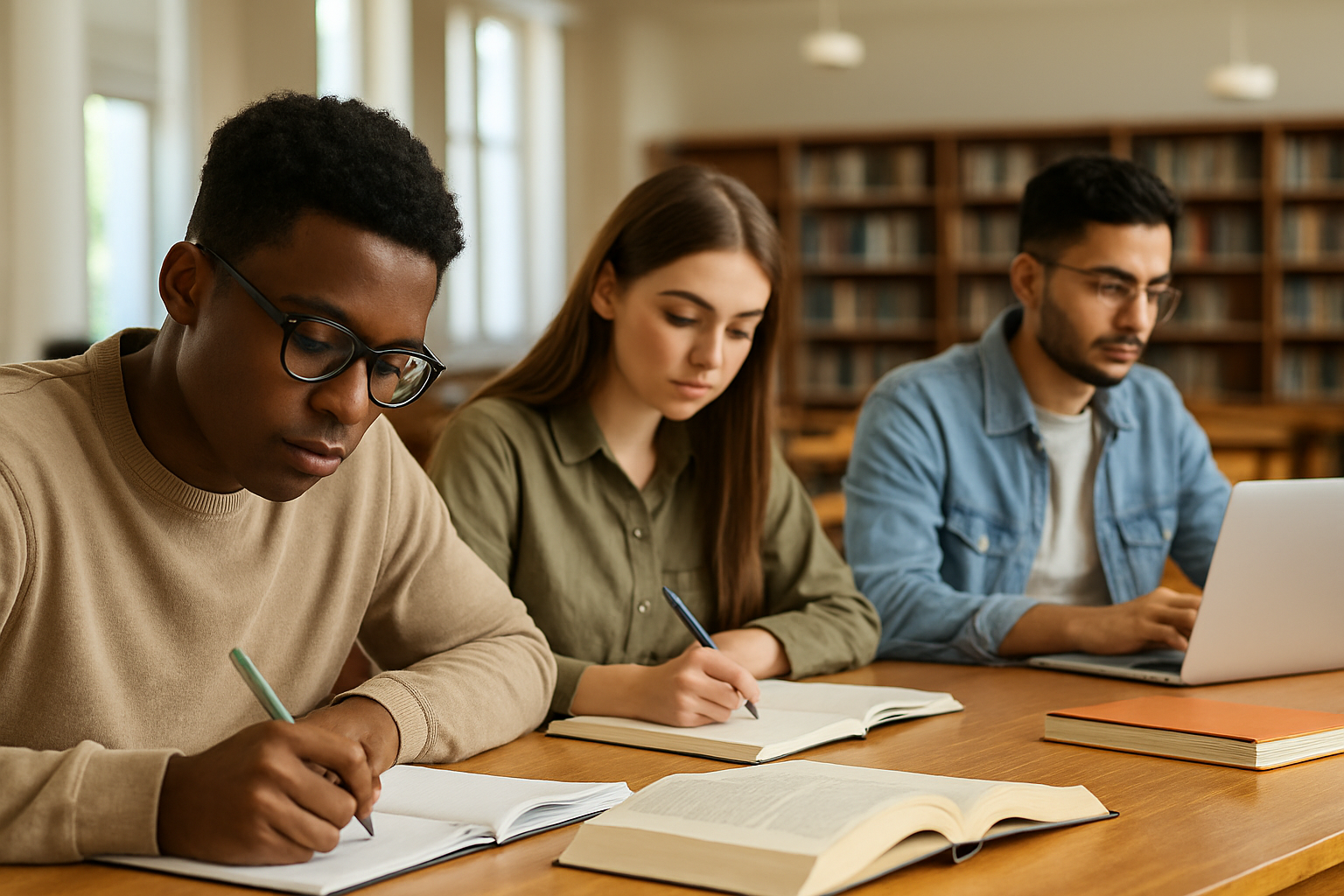 Students focused on MCAT 2025 prep in a quiet library setting, working with books and laptops.