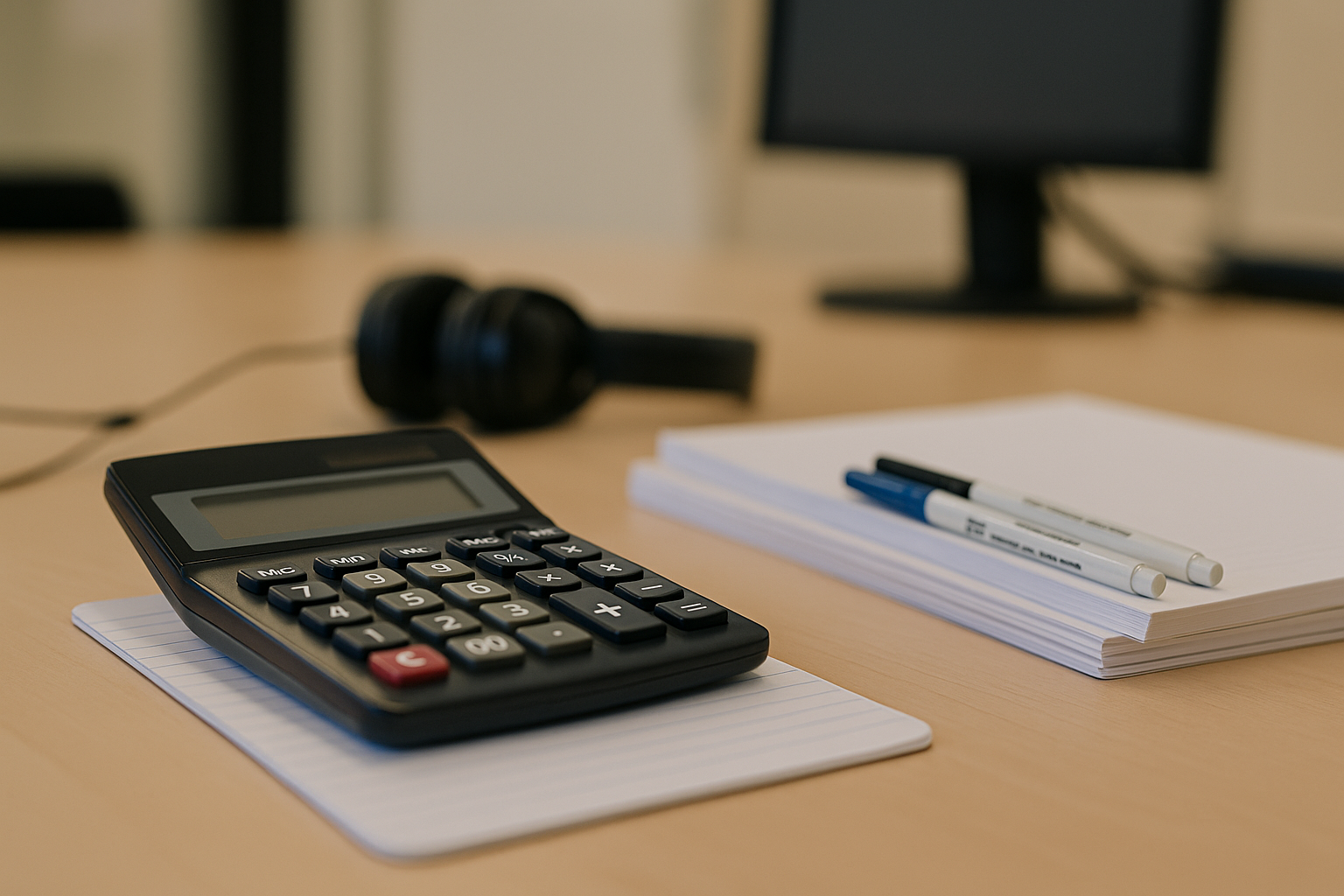 Calculator on a study desk with notepads and pens, representing the MCAT calculator policy.
