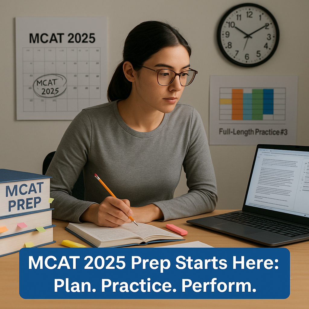 A student preparing for the MCAT Exam 2025 at a study desk, surrounded by prep materials, with a calendar marked and a practice test open on the screen.