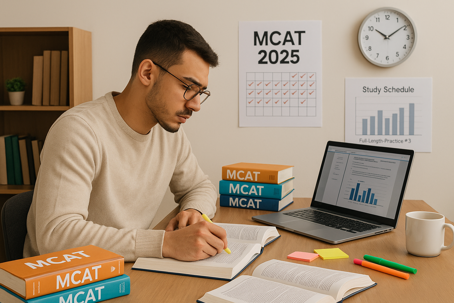 A student preparing for the MCAT exam 2025 at a study desk with books, notes, and a laptop, focused on mastering exam content.