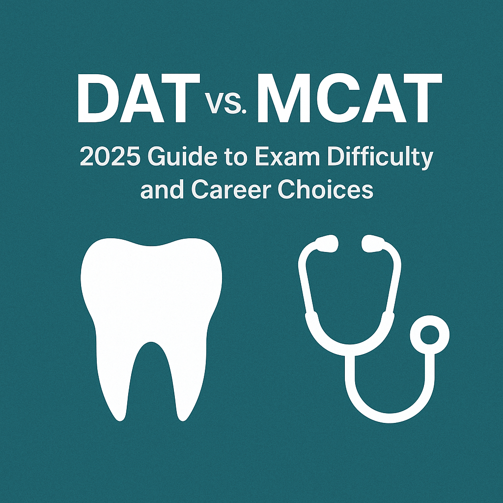 DAT vs. MCAT 2025 guide image featuring icons of a tooth and stethoscope, representing dental and medical career choices.