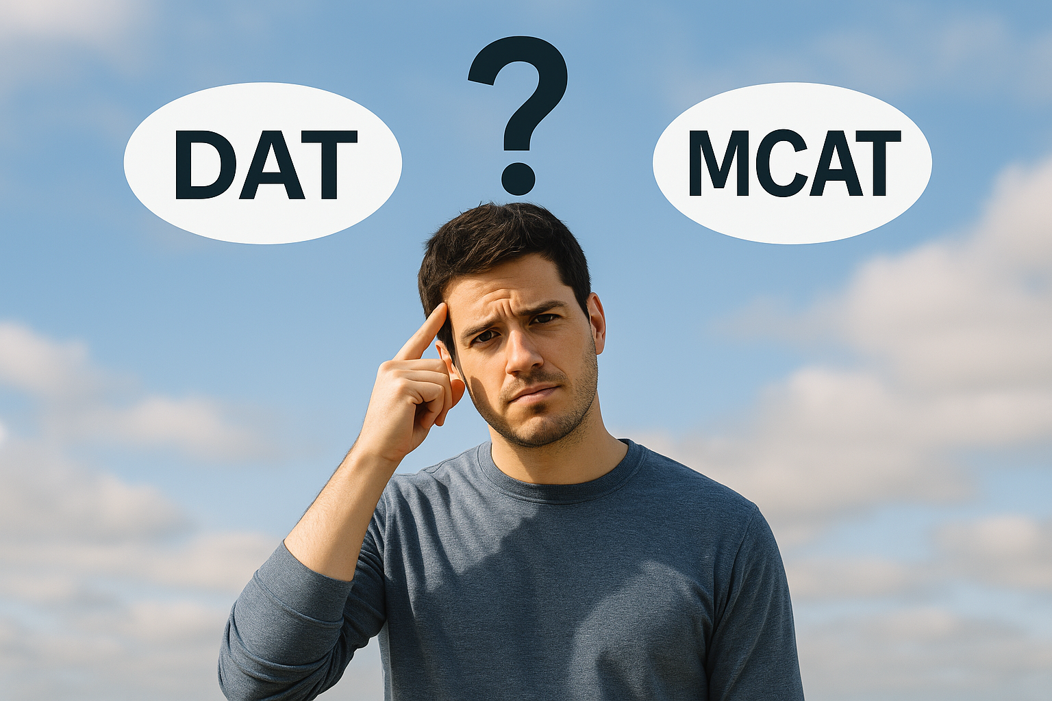 Confused student deciding between DAT vs. MCAT 2025, with thought bubbles showing dental and medical symbols.