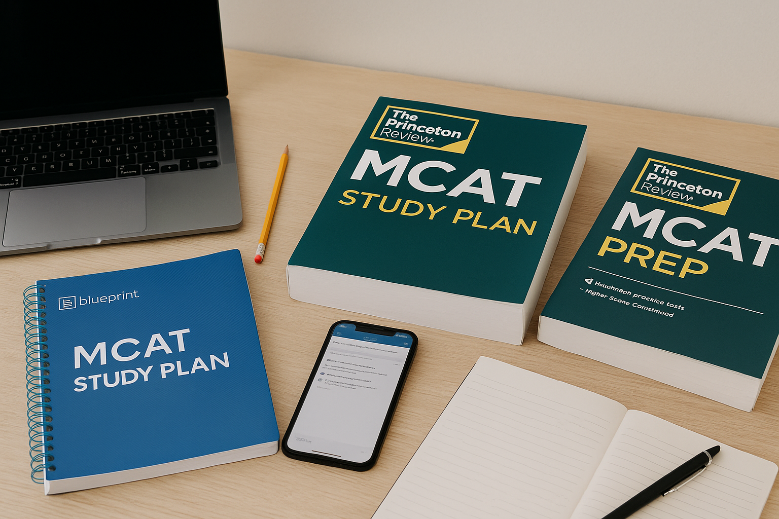 Realistic photo of MCAT prep study setup featuring Blueprint and Princeton Review books, a laptop, phone, notebook, and pencil on a desk.