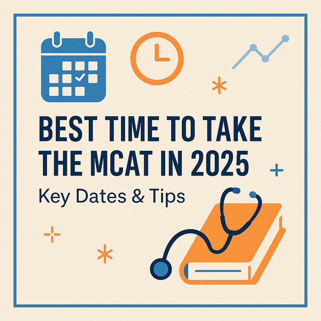 Graphic showing the best time to take the MCAT in 2025 with calendar, clock, and stethoscope icons.