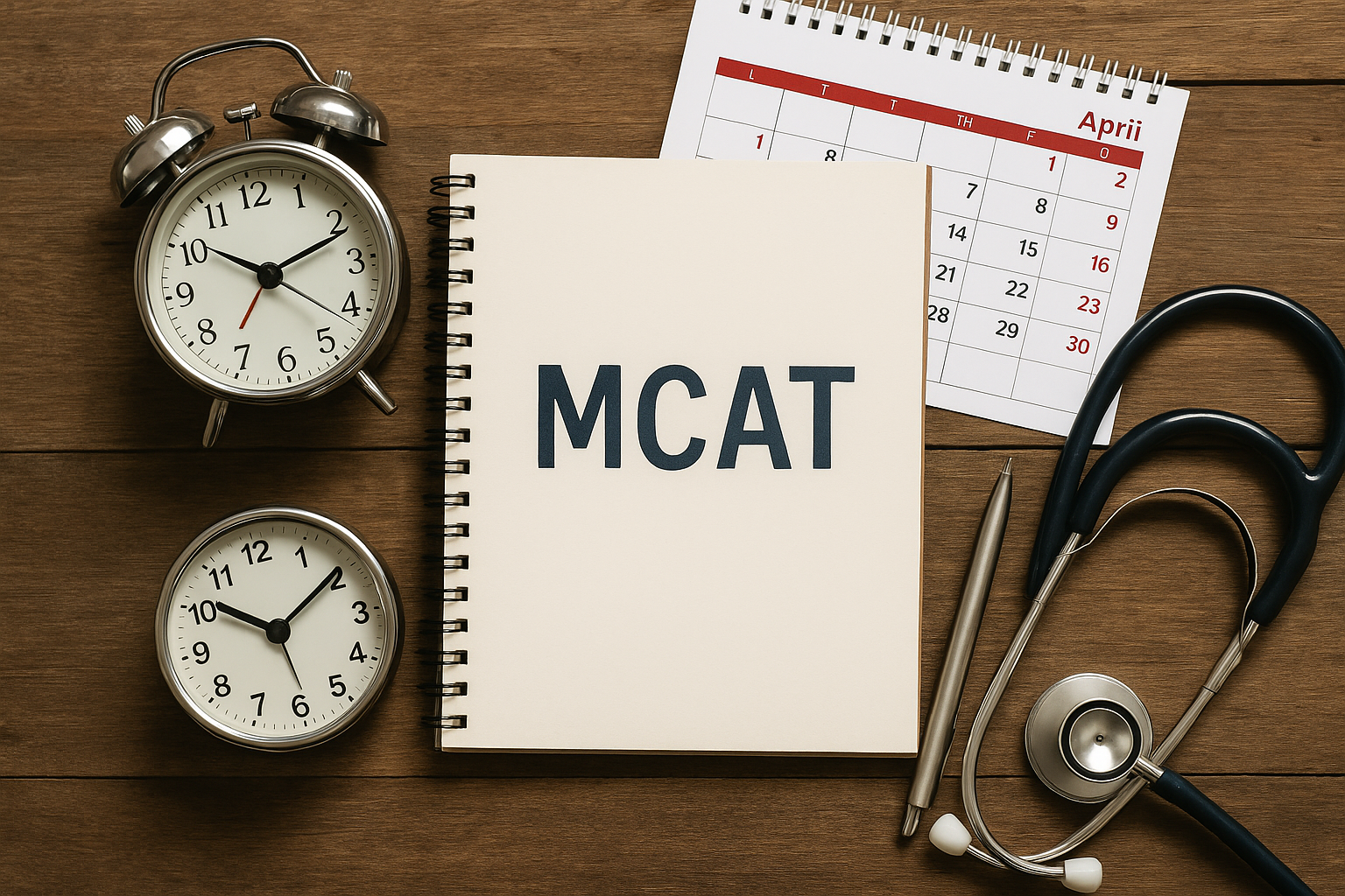 MCAT preparation materials with calendar, clocks, and stethoscope on a wooden desk.