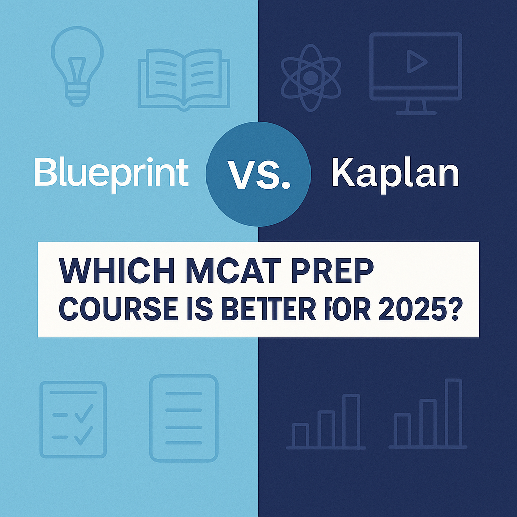 A comparison graphic of Blueprint vs. Kaplan MCAT prep courses for 2025, highlighting the question: “Which MCAT prep course is better for 2025?”