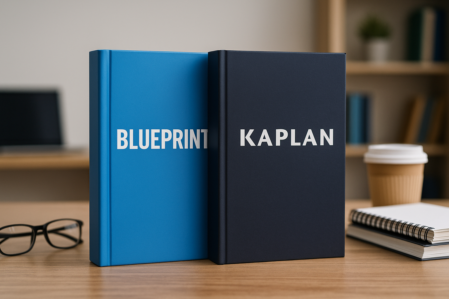 A realistic image of Blueprint and Kaplan MCAT prep books on a study desk, used to compare MCAT prep courses for 2025.