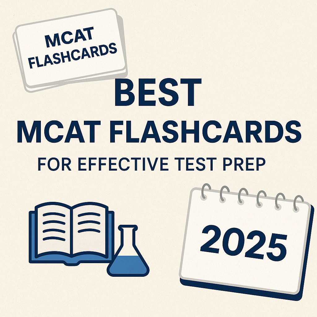 Featured image displaying “Best MCAT Flashcards for Effective Test Prep 2025” with icons of flashcards, a book, a beaker, and a calendar, emphasizing MCAT flashcard study.