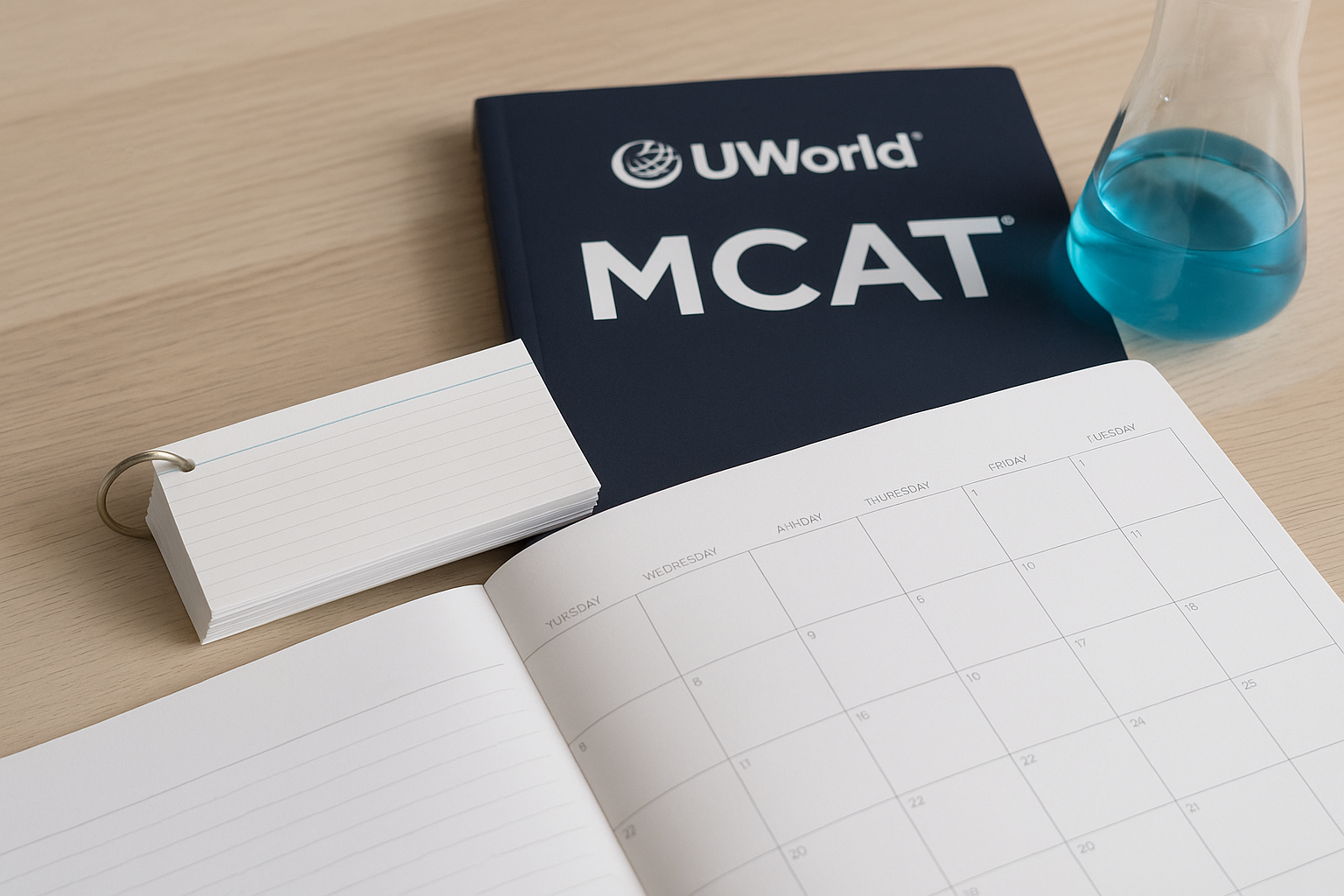 Realistic photo of MCAT prep tools including a UWorld MCAT book, ring-bound flashcards, a monthly calendar planner, and a blue liquid-filled beaker on a study desk.