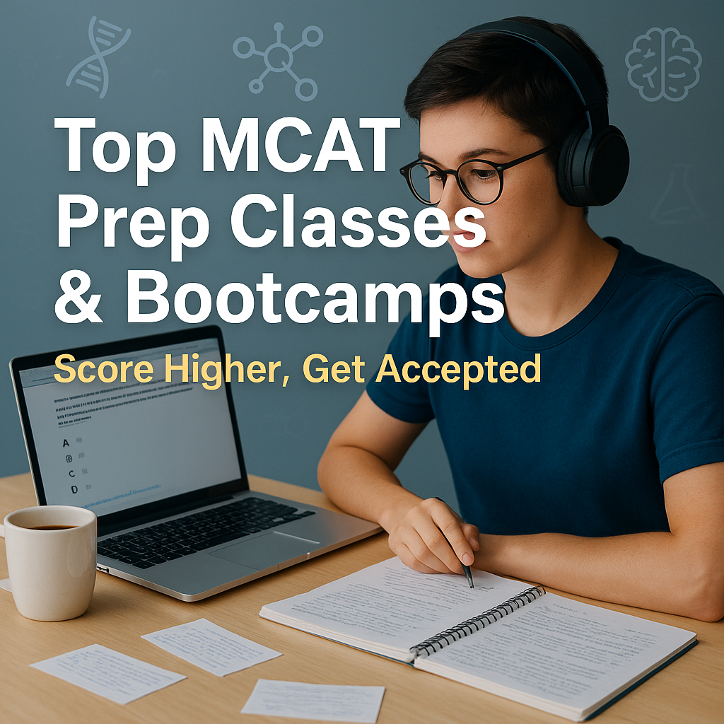 Focused student preparing for the MCAT using a laptop and study materials with the tagline ‘Top MCAT Prep Classes & Bootcamps for 2025 – Score Higher, Get Accepted’ displayed on the image.