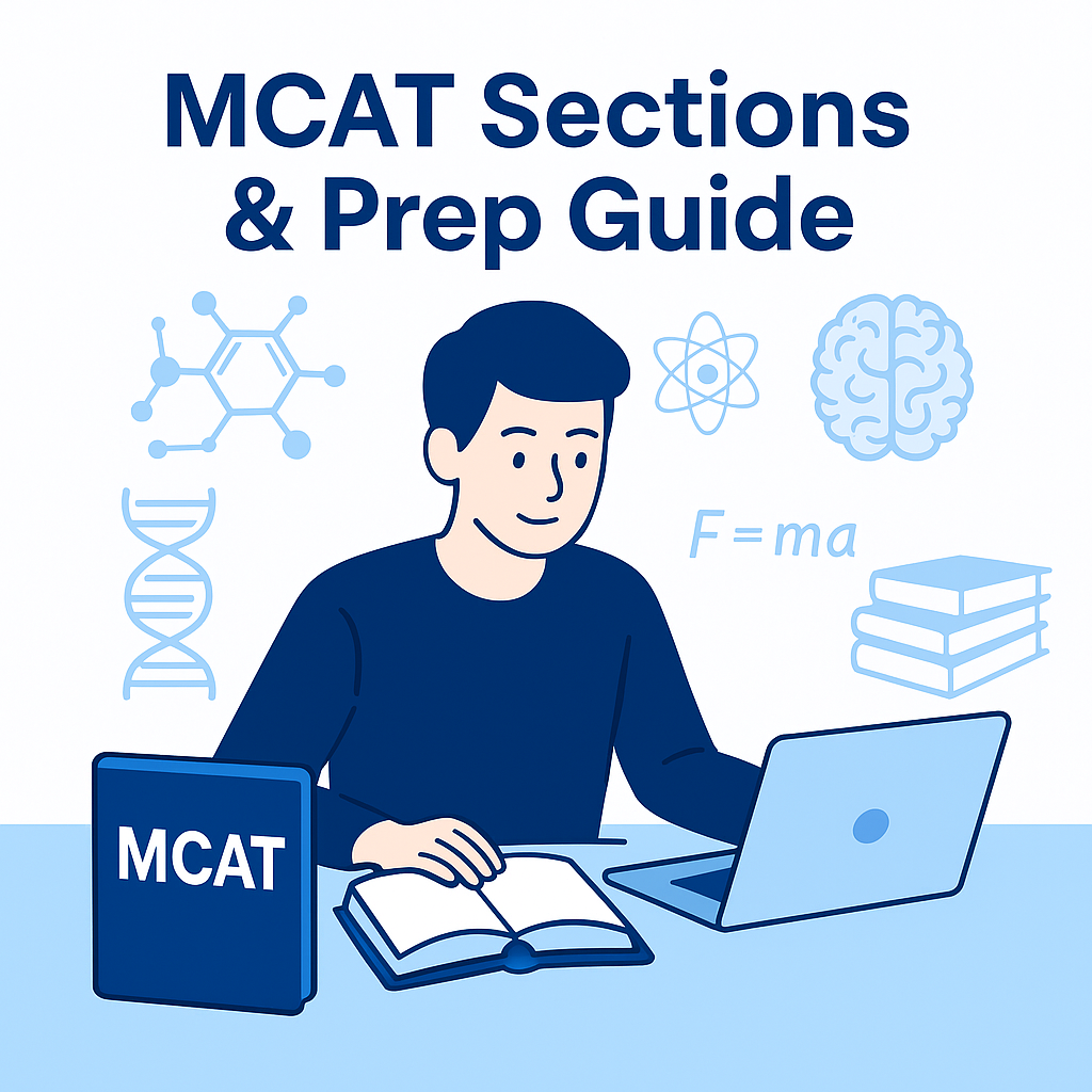 Student studying for MCAT with books, laptop, and science icons, featuring the title 'MCAT Sections & Prep Guide'.