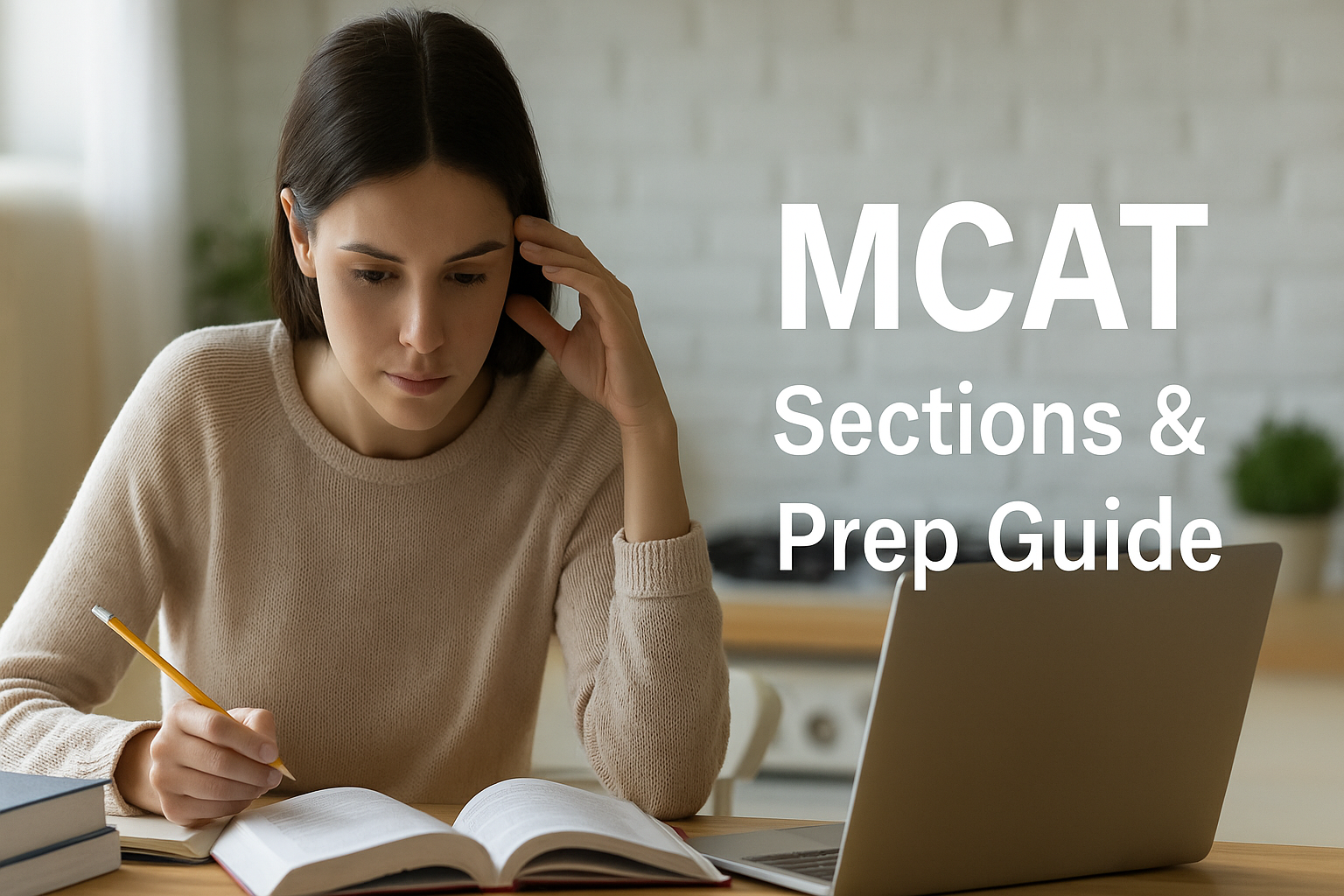 Woman studying for the MCAT with books and laptop on a table, featuring the title 'MCAT Sections & Prep Guide'.