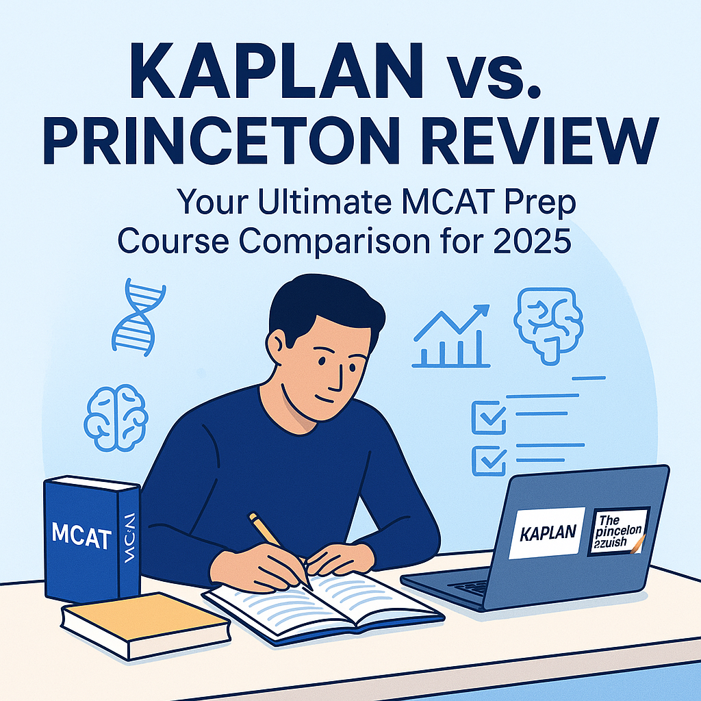 Student studying with Kaplan and Princeton Review logos, MCAT icons, and comparison graphics on a blue-white gradient background.