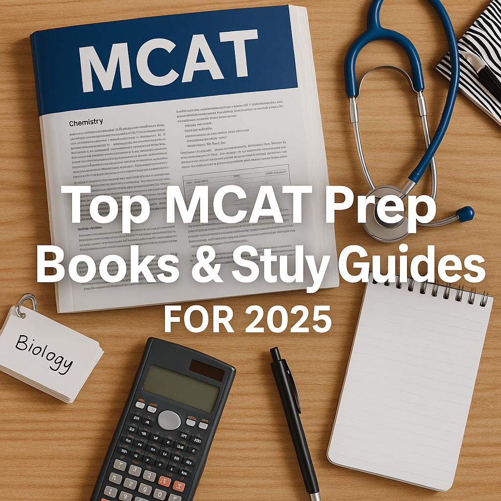 MCAT prep books, study tools, and a stethoscope on a desk with the title ‘Top MCAT Prep Books & Study Guides for 2025.