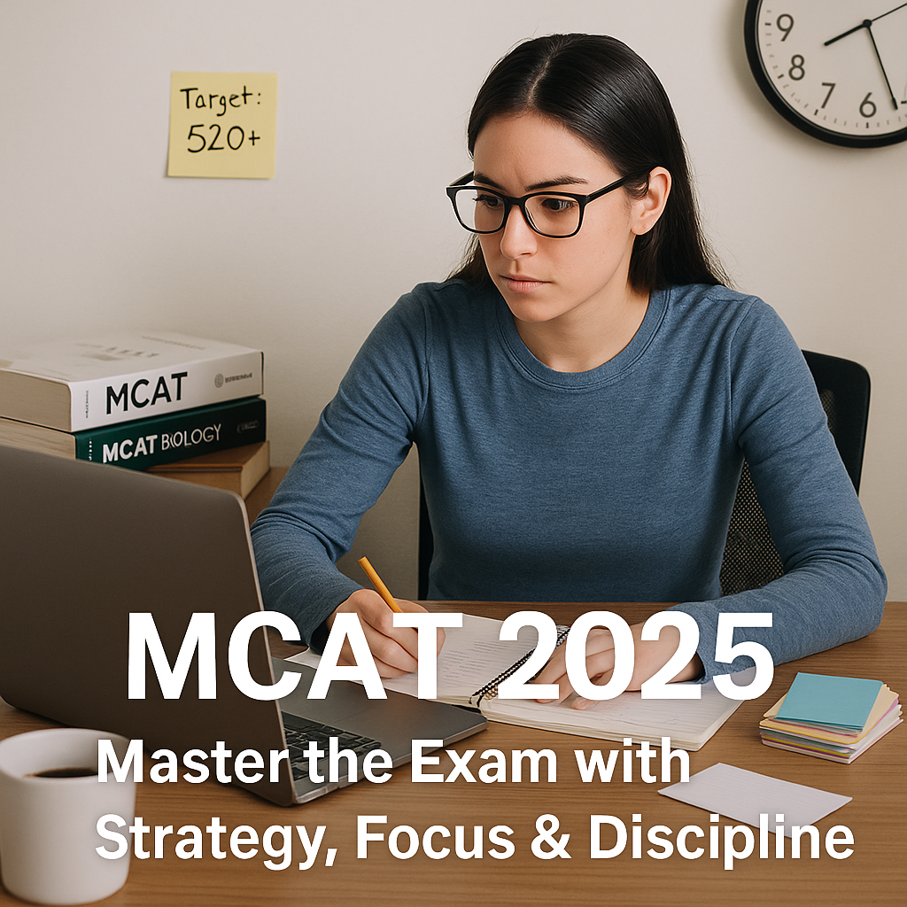 A medical student studying for the MCAT 2025 with books, a laptop planner, flashcards, and a target score note on the wall, symbolizing focused preparation.