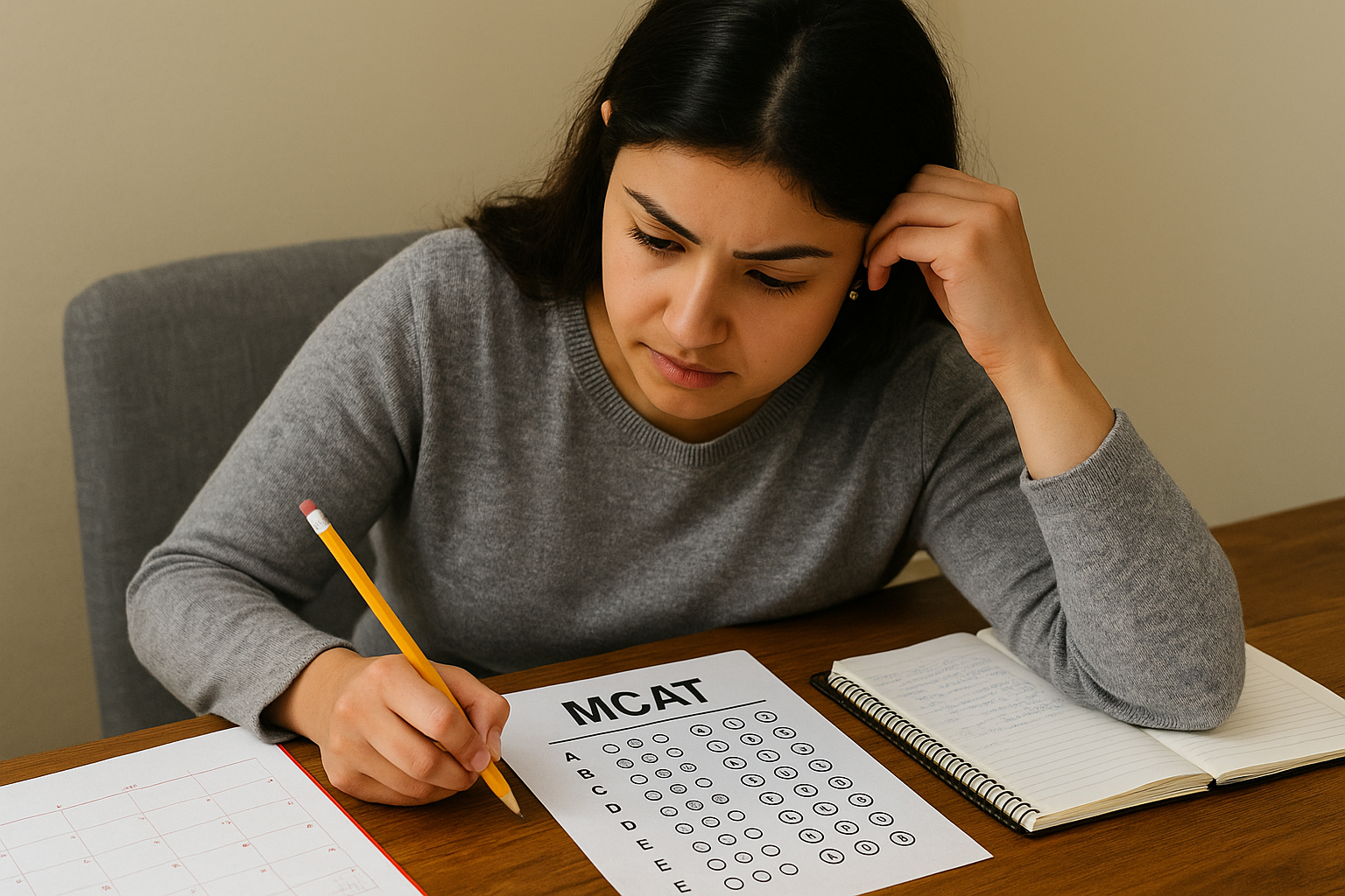 Young woman preparing for the MCAT at a desk with a test sheet, notebook, and calendar.