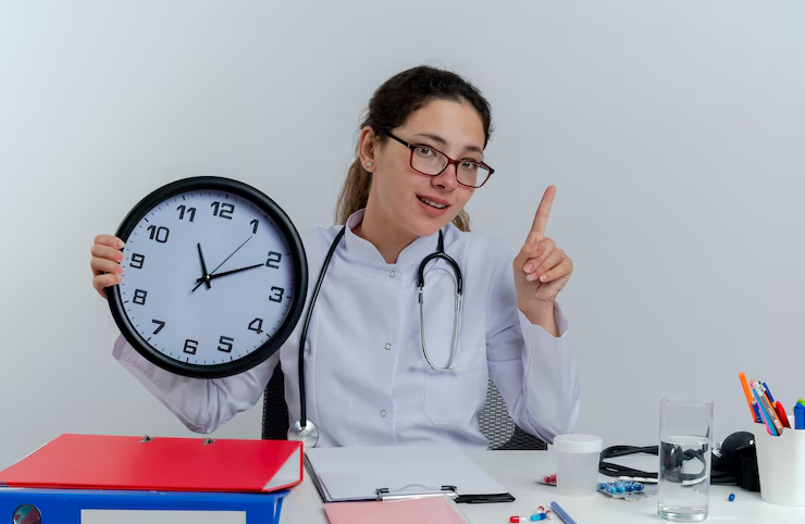 Impressed young female doctor wearing medical robe and stethoscope and glasses sitting at desk with medical tools looking holding clock signifying the best time to take the MCAT