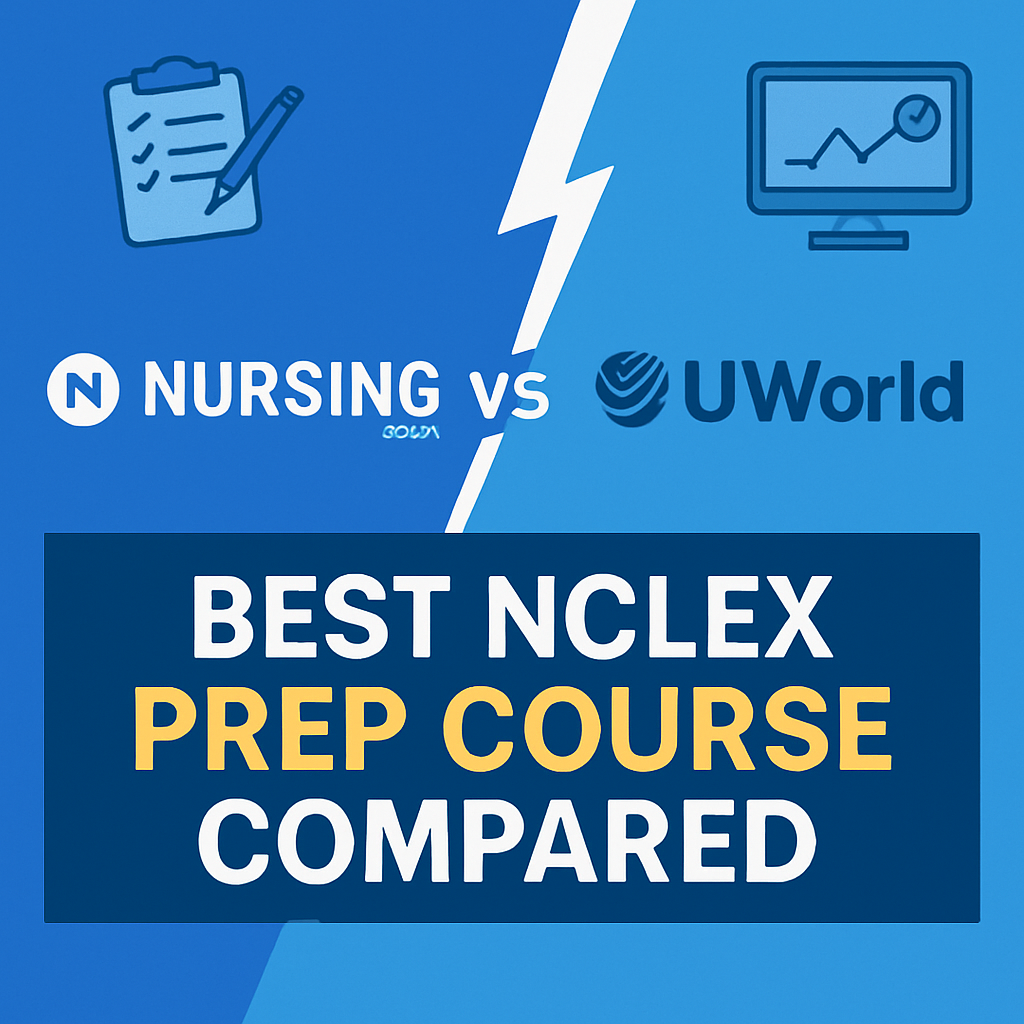 Comparing Nursing.com and UWorld NCLEX prep tools with visual elements like charts, study icons, and contrasting colors.